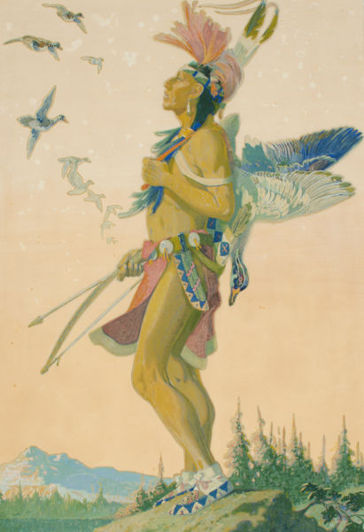 A full length, side view portrait of a Crow man wearing tribal clothing, holding a bow and arrow.
