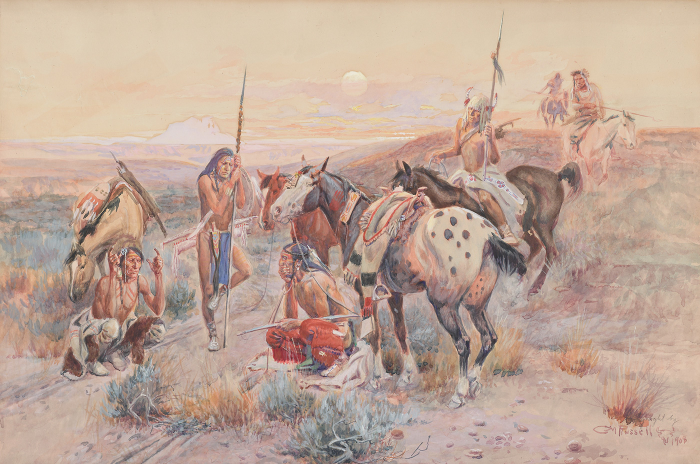 A group of indigenous American men with horses gather around linear tracks on the ground.