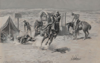 An Anglo man on horseback ropes an armed man and drags him from his tent while others look on.