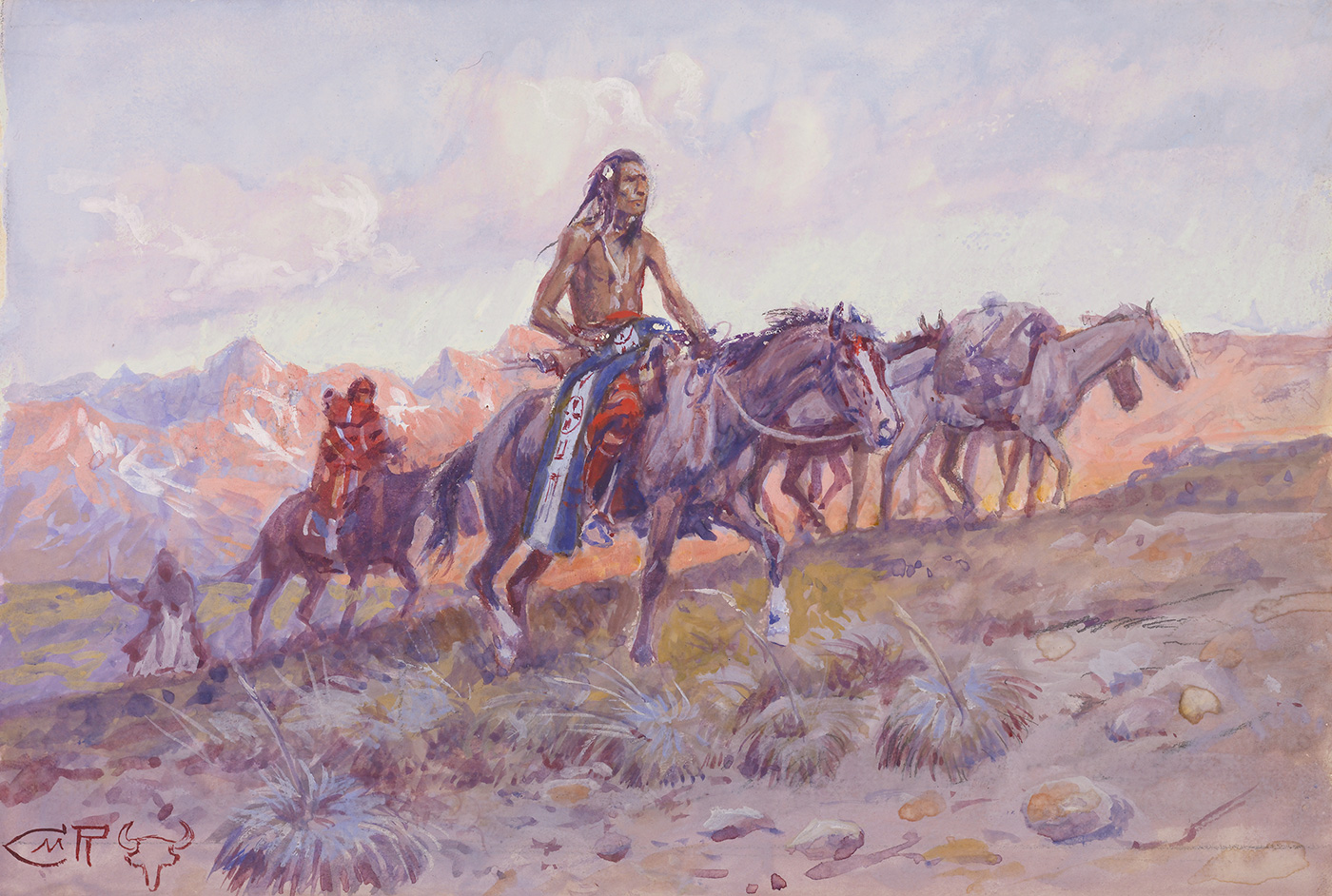 A group of Plains Indians with several pack horses ride across the land.