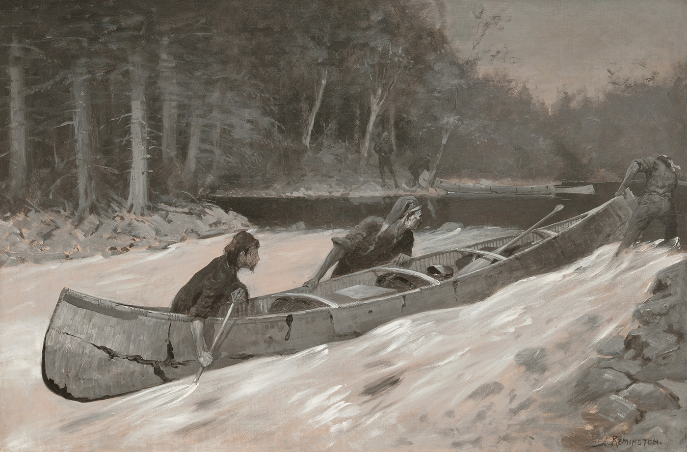 Three men row and pull a canoe in a moving stream.
