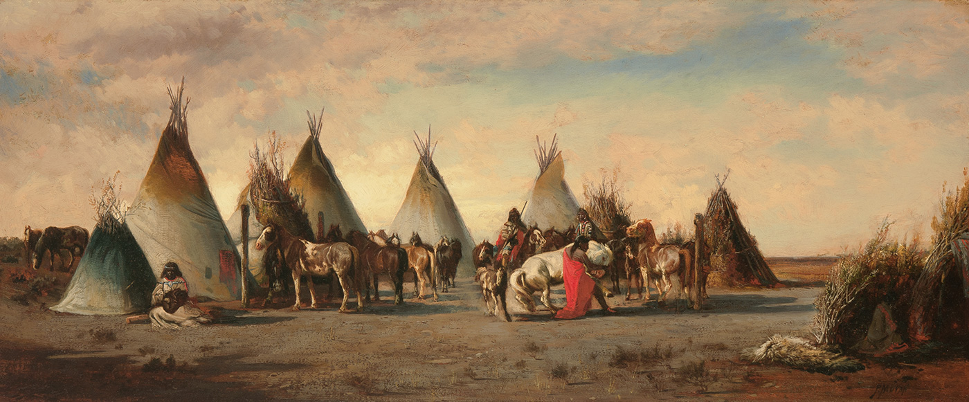 A group of indigenous Americans gather with many horses inside a perimeter of tipis.