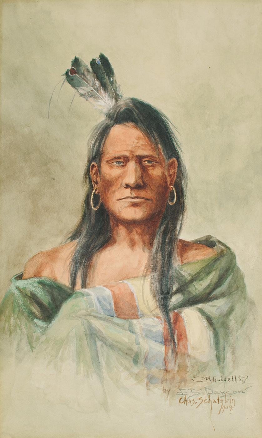 A bust length portrait of an indigenous American man.