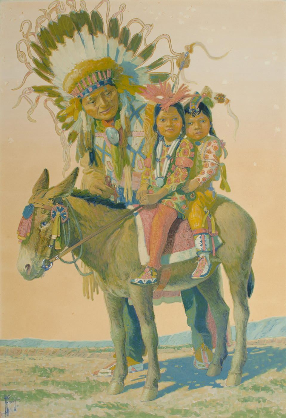 An Oglala man leans over two young children seated on a donkey.