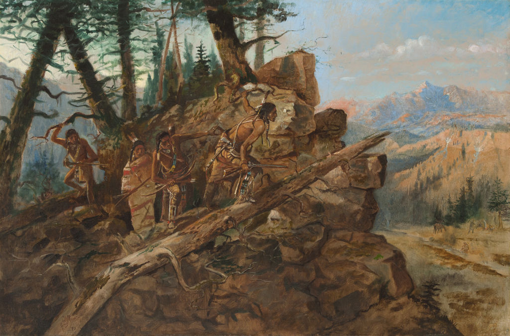 Four indigenous American men, on a rocky, forested outcrop, observe prospectors panning in a stream below.