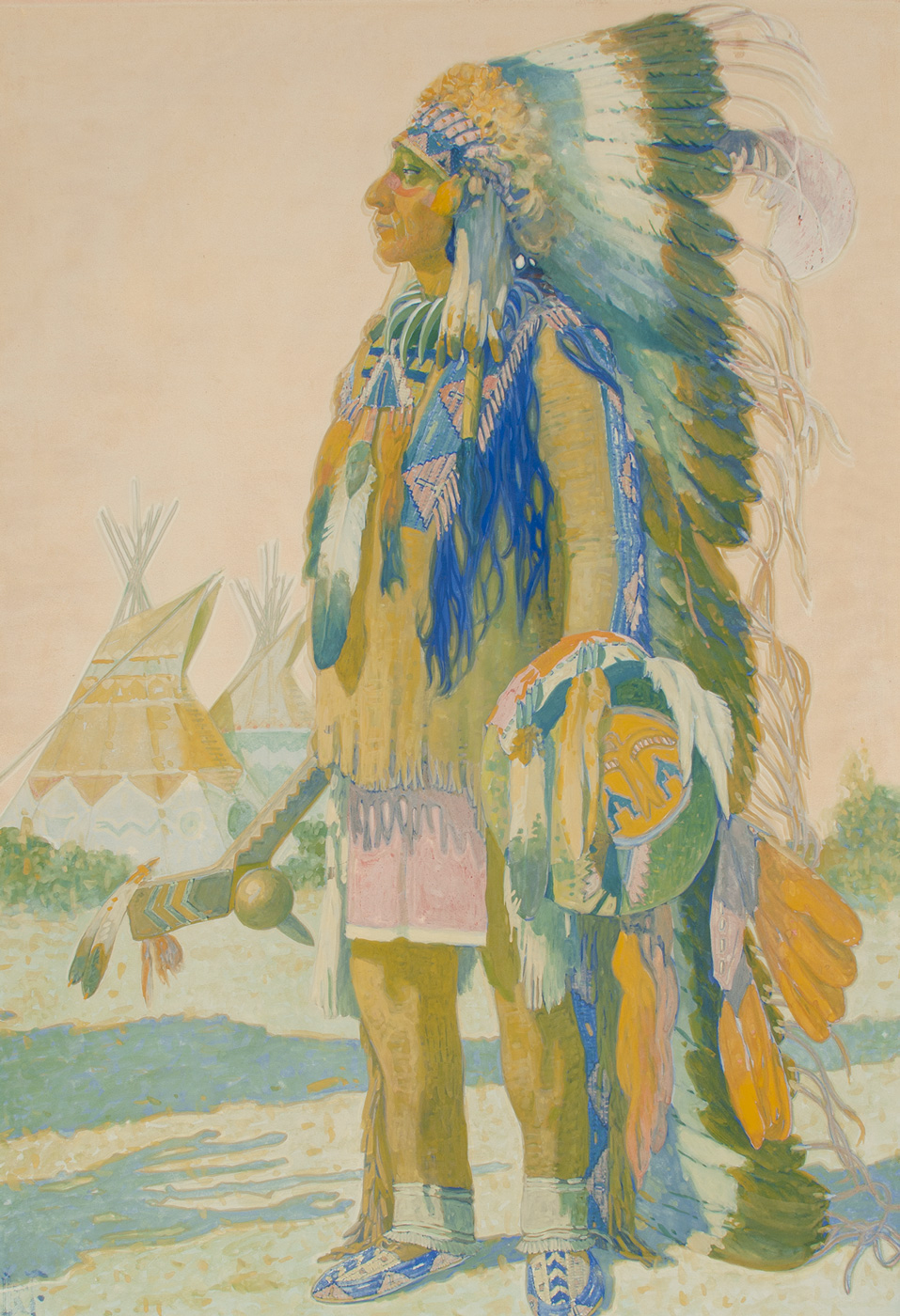 A full length, side view portrait of a Ponca man in tribal clothing.