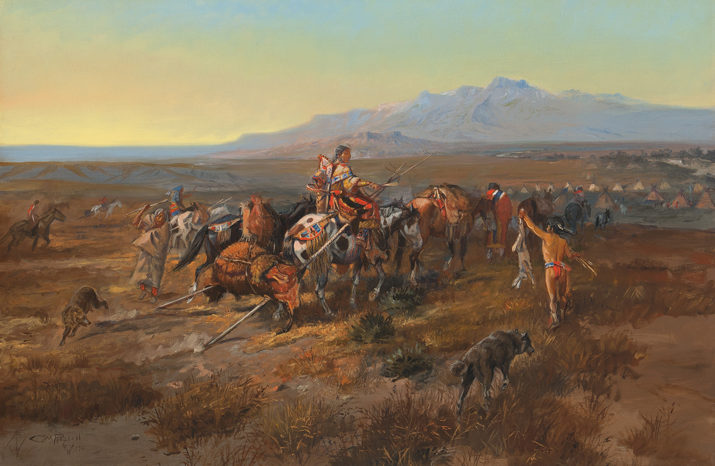 A group of indigenous American women and a child ride horses through a landscape with mountains in the distance.