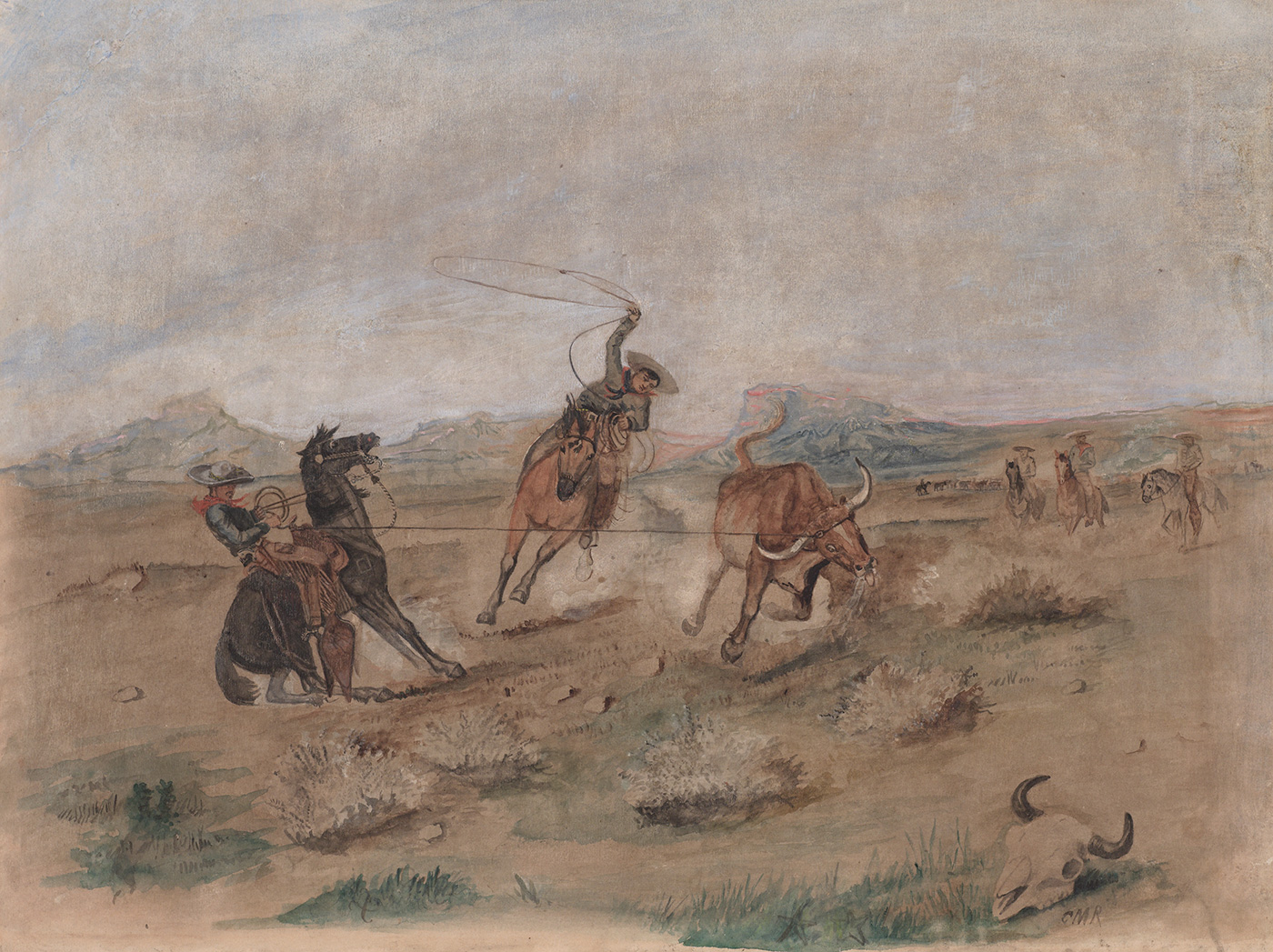 Two men on horseback are roping a steer in an open landscape.