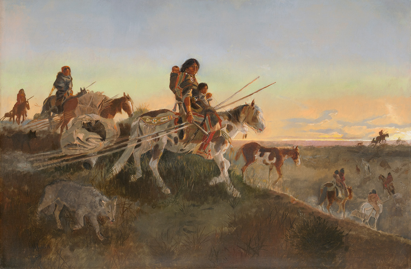 A group of indigenous American women and children ride horses through a hilly landscape.