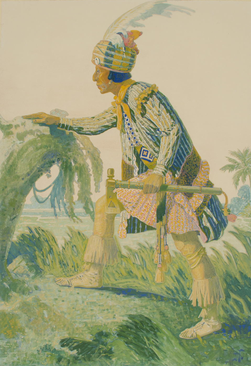 A full length portrait of a Seminole man in tribal clothing.