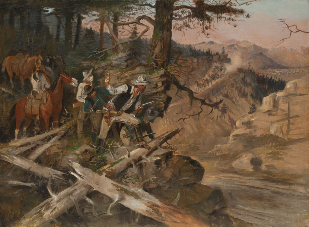 Four armed men dressed in Western wear peer from behind a forested area at a stagecoach coming down a road.