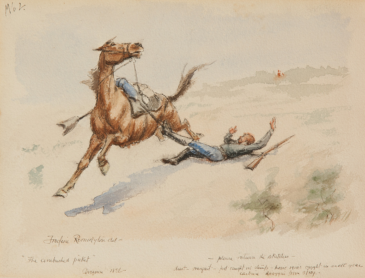A man has fallen off his moving horse with his foot caught in his stirrup.