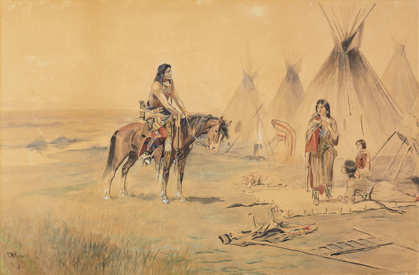 An indigenous American man on a horse is in front of two indigenous American women at work in front of tipis.