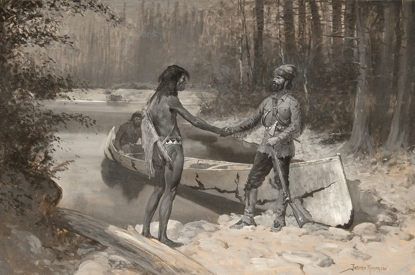 An Anglo man and indigenous American man shake hands while standing next to a canoe in a wooded embankment.