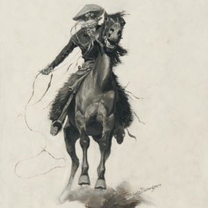 A cowboy with a lasso gallops on a horse towards the viewer.