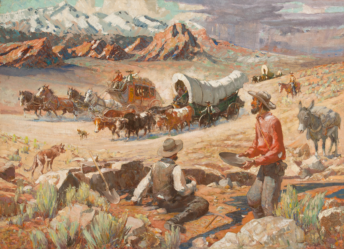 Two men panhandling for gold watch a stagecoach and covered wagon pass by with mountains in the distance.
