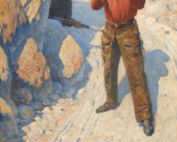 A masked man with a rifle stands blocking a mountain path.