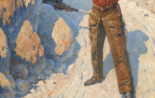 A masked man with a rifle stands blocking a mountain path.