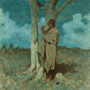 An indigenous American man stands next to a tree playing a flute at night.