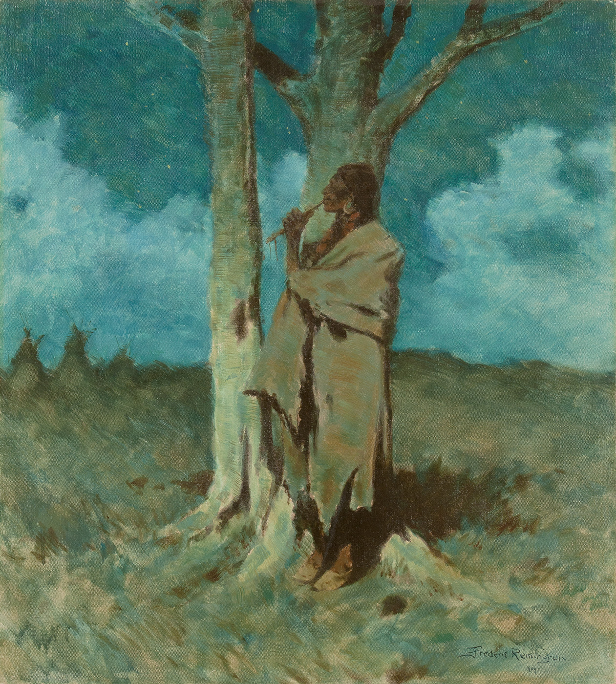 An indigenous American man stands next to a tree playing a flute at night.