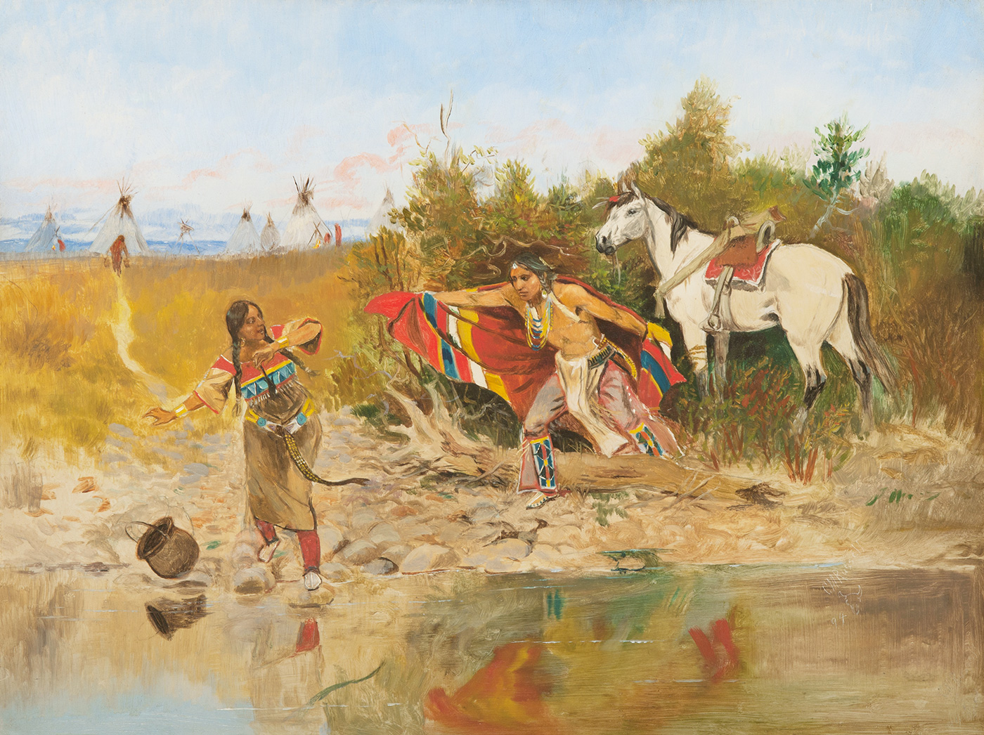 A young indigenous American man approaches an indigenous woman by a stream.
