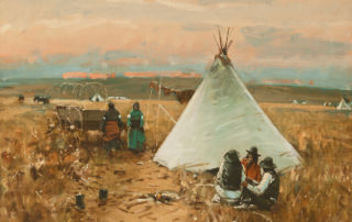 Two small groups of indigenous Americans wearing western-style clothes gather near a large tipi.