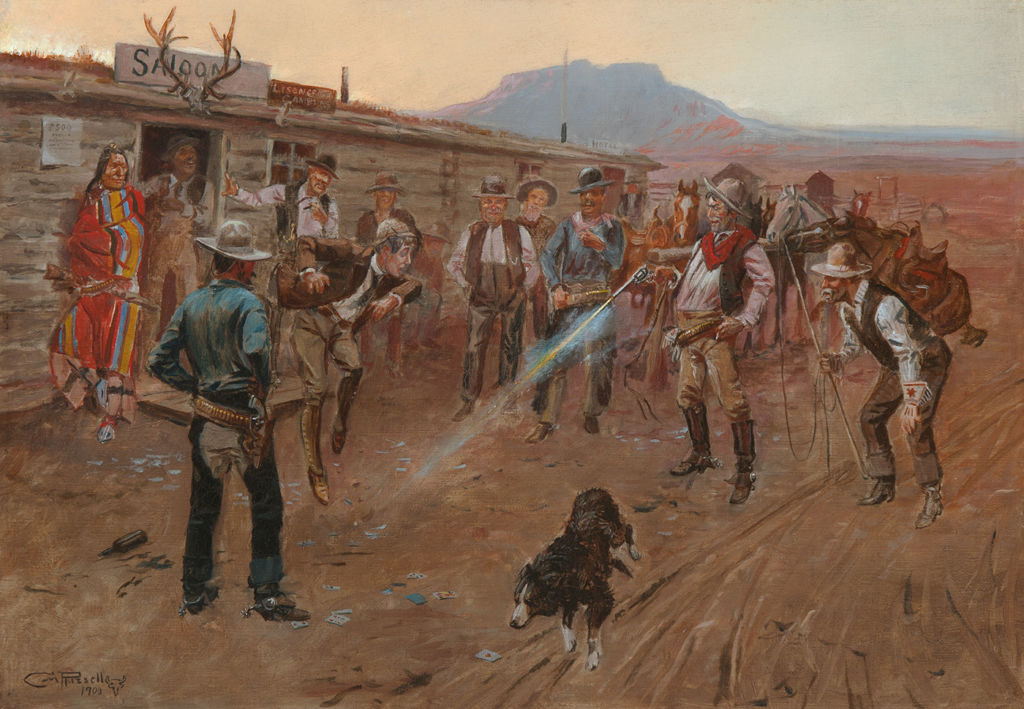 A man fires a gun at the feet of another man while other people watch.