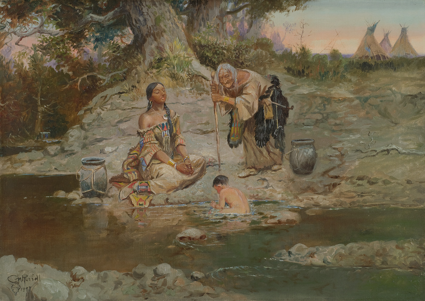 Three indigenous Americans of different generations gather at a stream of water.