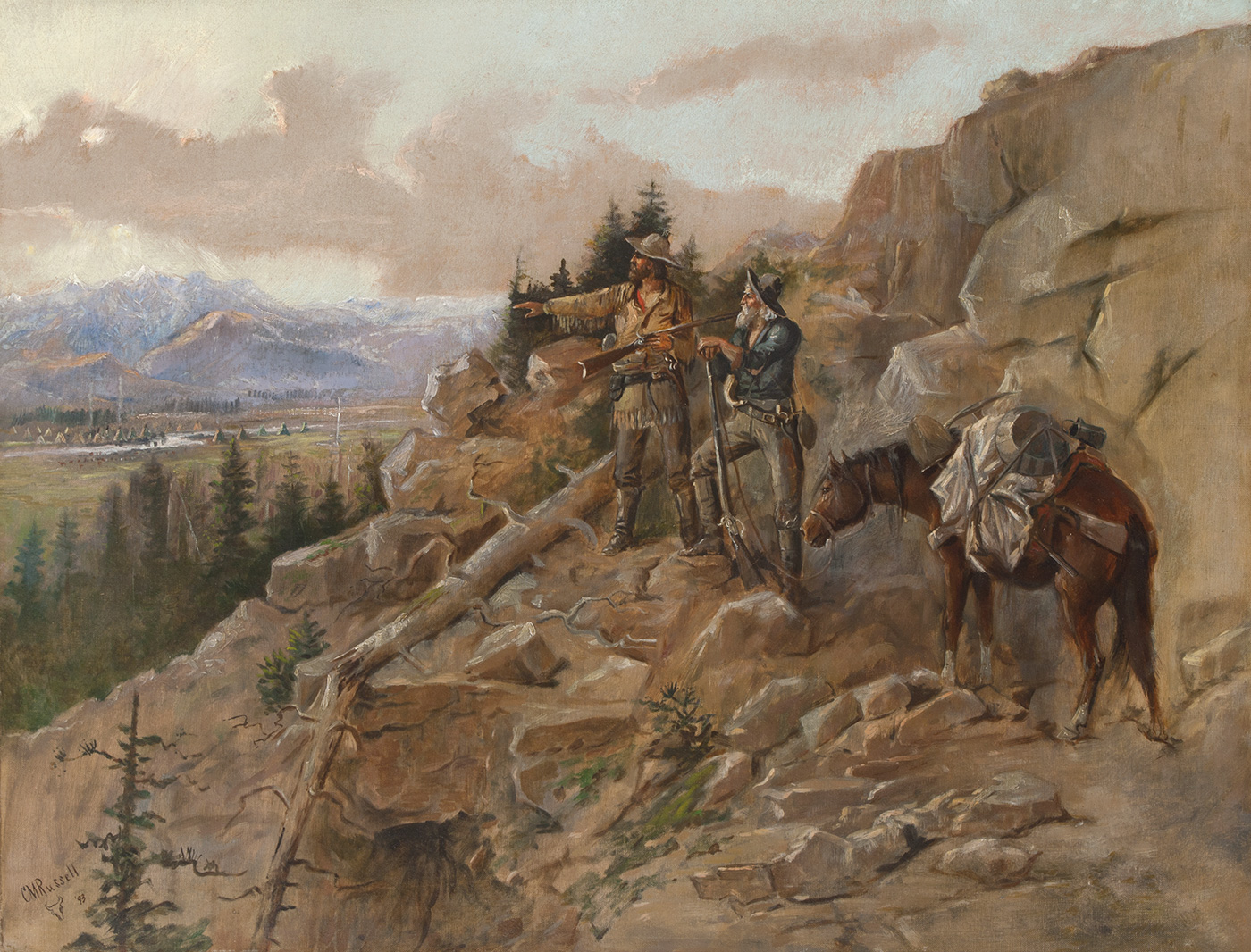 Two Anglo men with a mule on a mountain slope look out onto an indigenous American village.