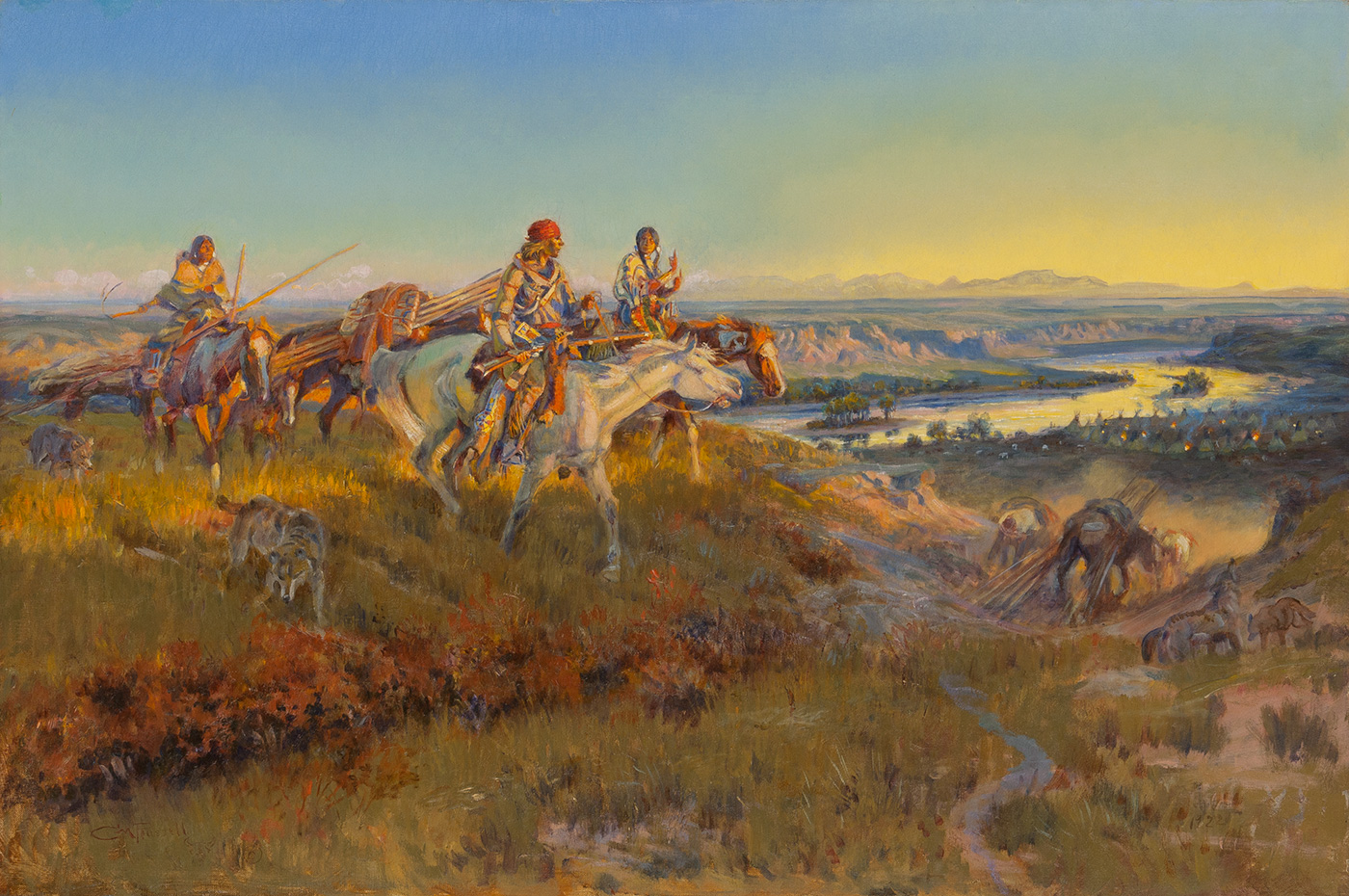 An Anglo man and two indigenous American women ride on horseback towards a tipi encampment by a river.