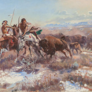Two indigenous American men on horseback are charged by a wounded bison.