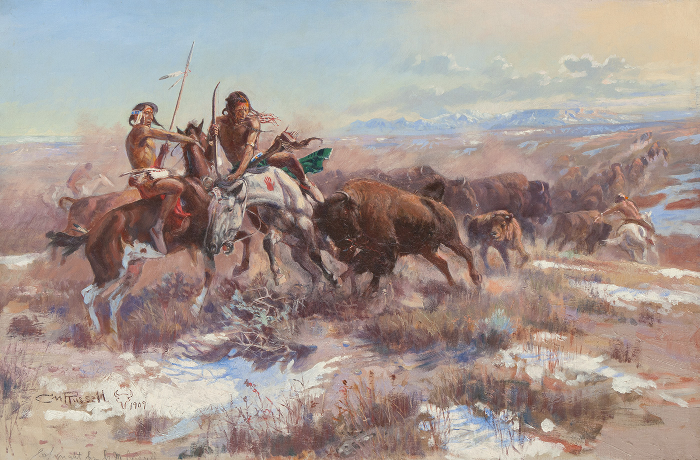 Two indigenous American men on horseback are charged by a wounded bison.