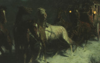 A team of startled horses pulls a stage coach through a landscape at night.