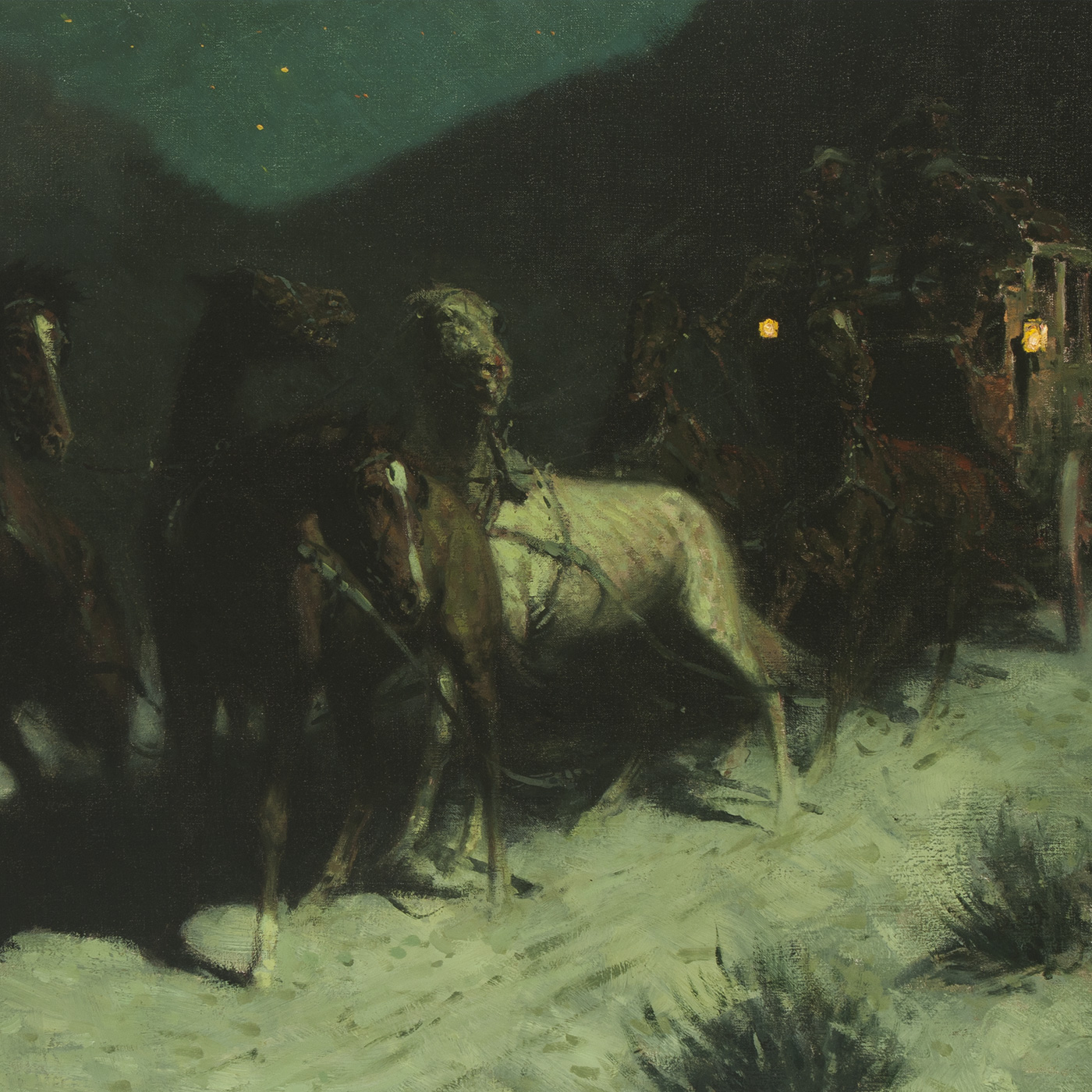 A team of startled horses pulls a stage coach through a landscape at night.