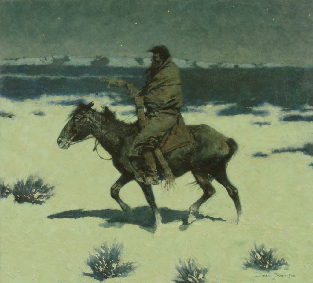 An indigenous American man rides a horse through a snowy, windy landscape at night.