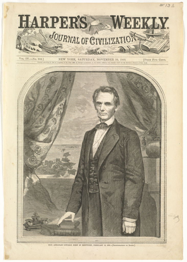 Harper's Weekly cover featuring President-Elect Abraham Lincoln; illustration by Winslow Homer from a photograph by Mathew Brady