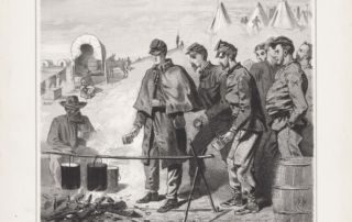 a group of military men waiting in line for coffee in camp
