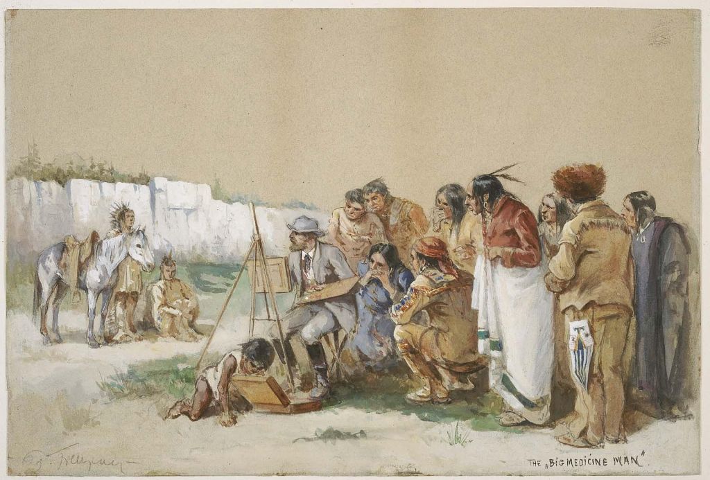 watercolor paintng of group of Native Americans watching a white, male artist paint on easel