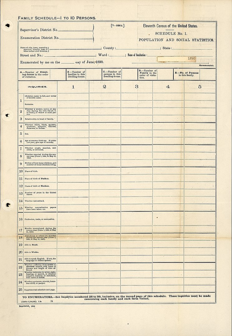 old U.S. census form