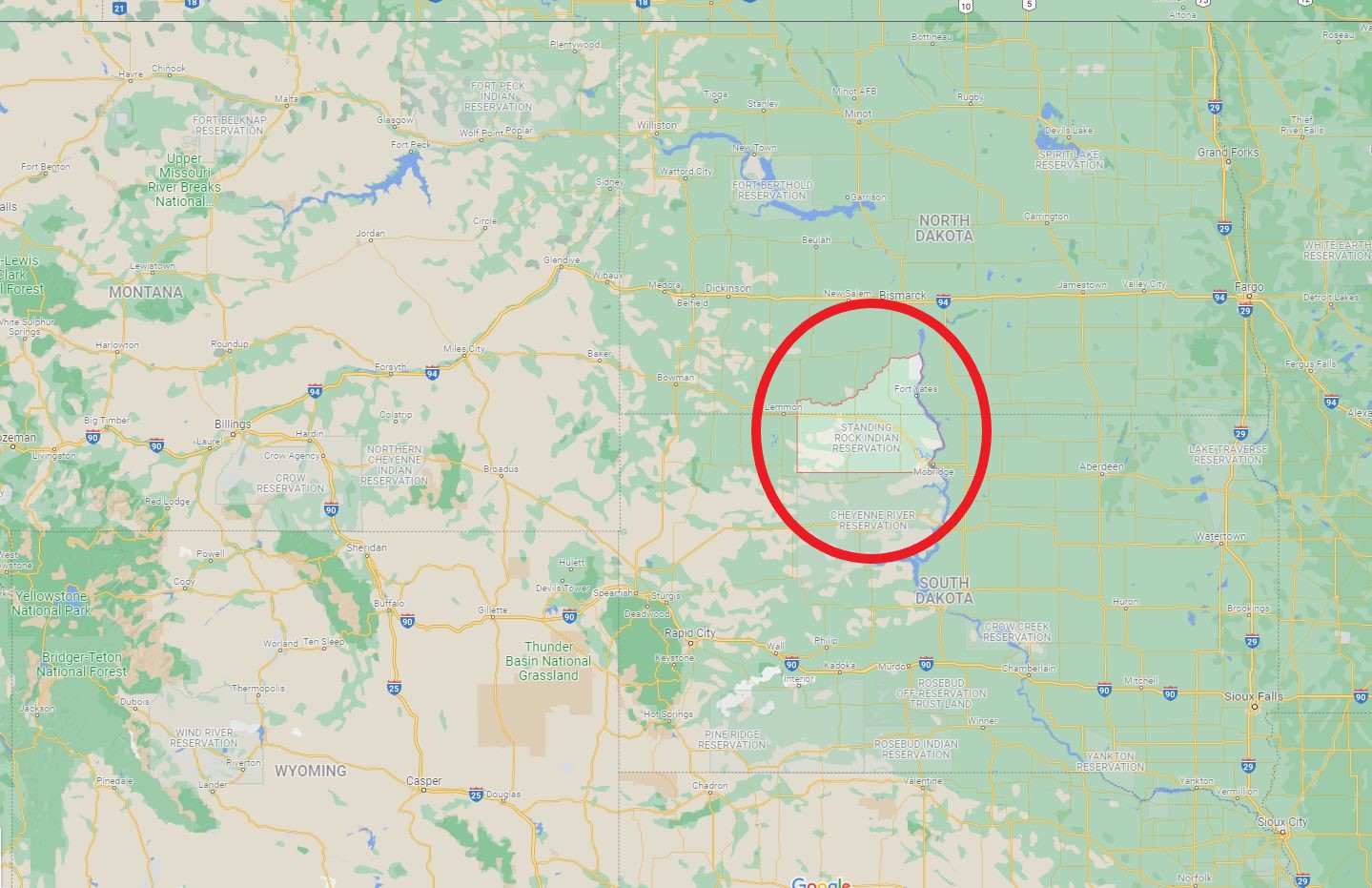 Google Map of US with red circle around Standing Rock Reservation location