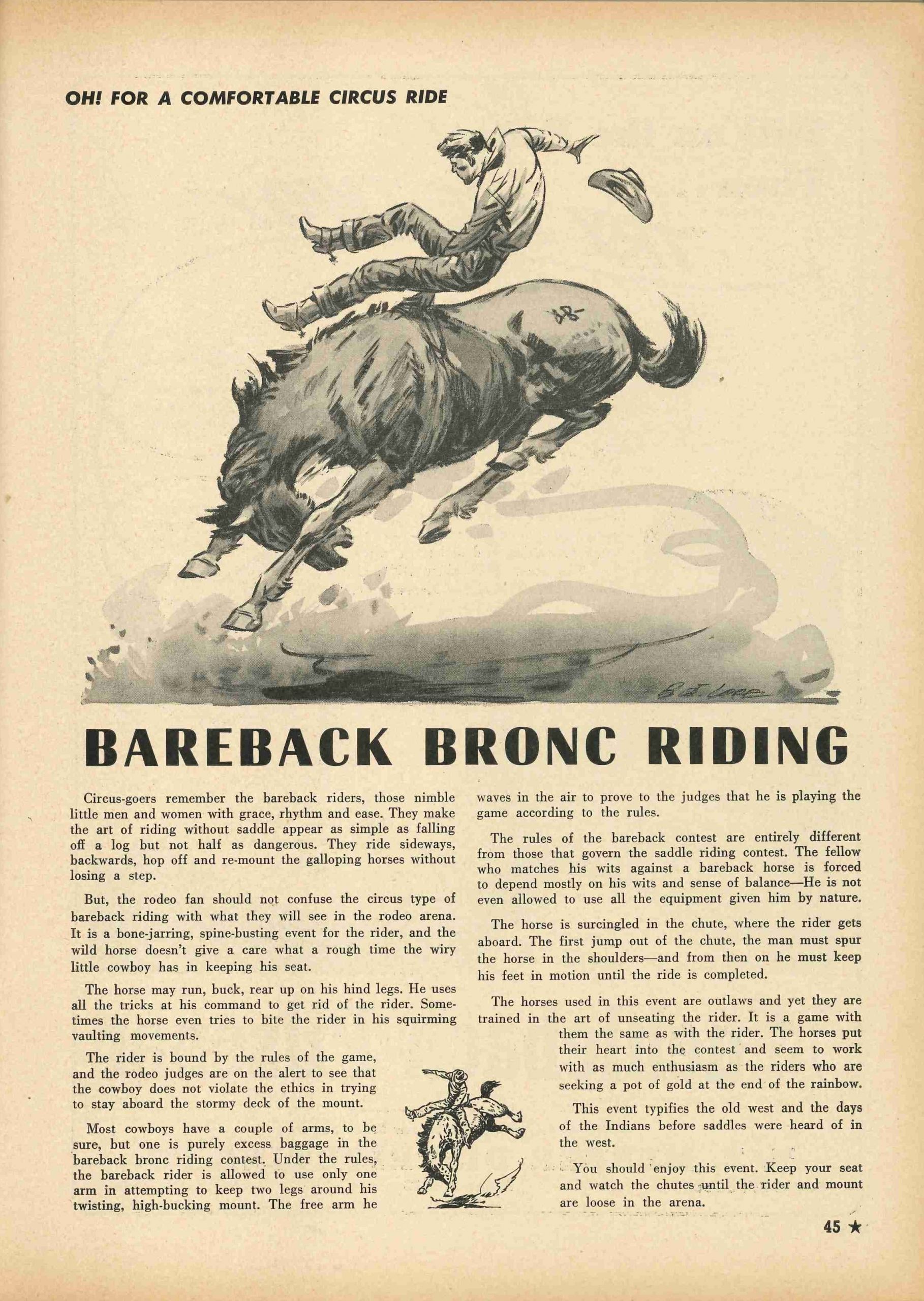 Page from stock show annual with essay describing bareback bronc riding