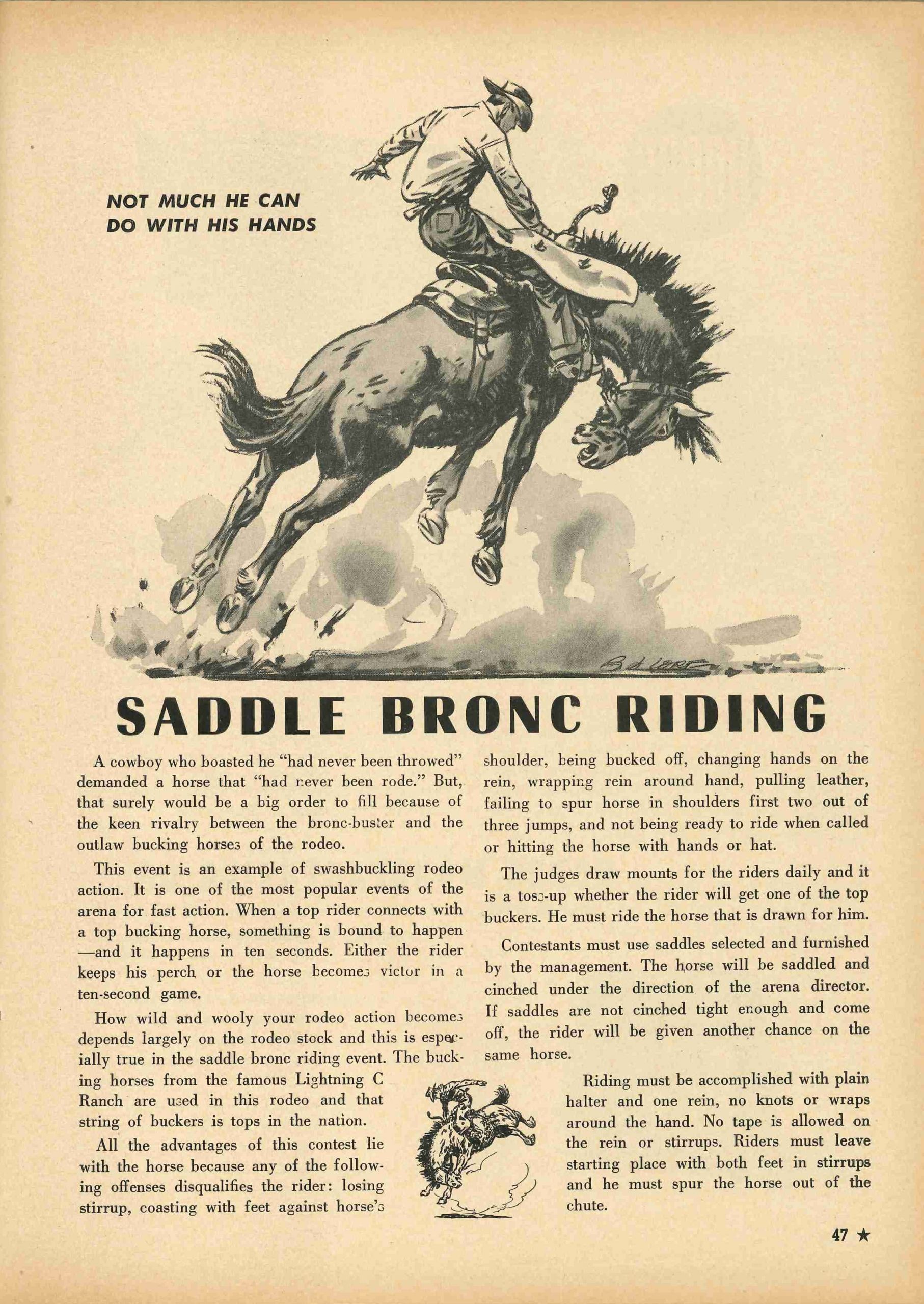 Page from stock show annual describing saddle bronc riding