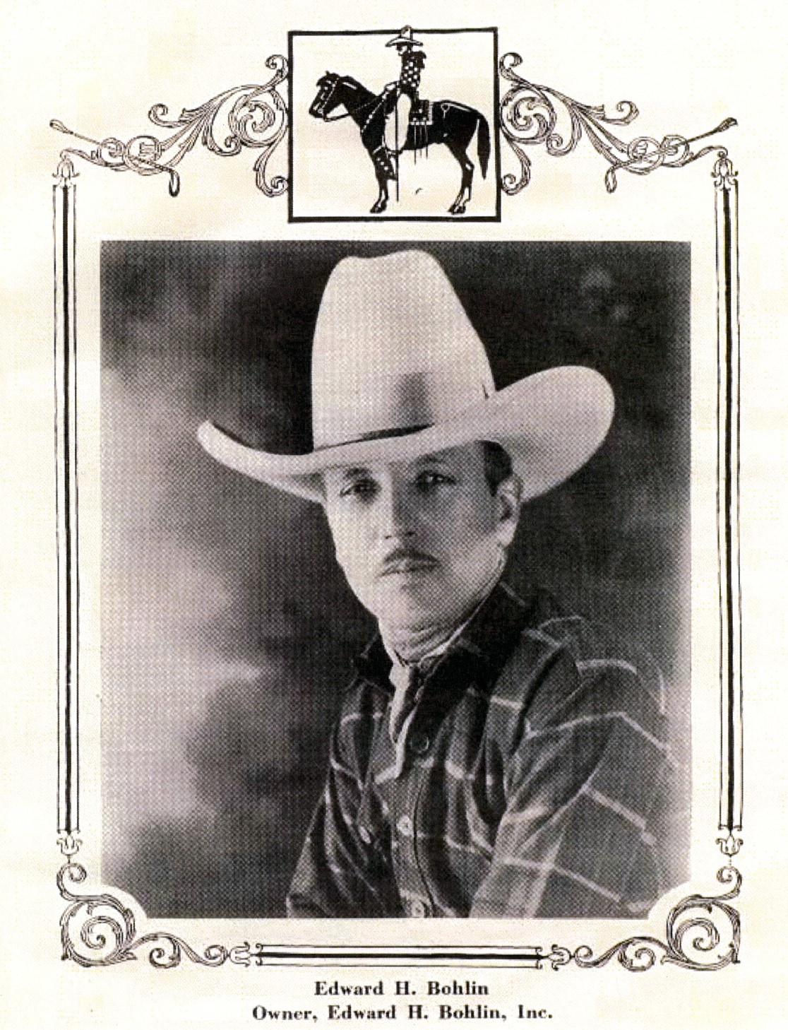 A black and white photo portrait of a white man in a plaid button up and a tall cowboy hat 