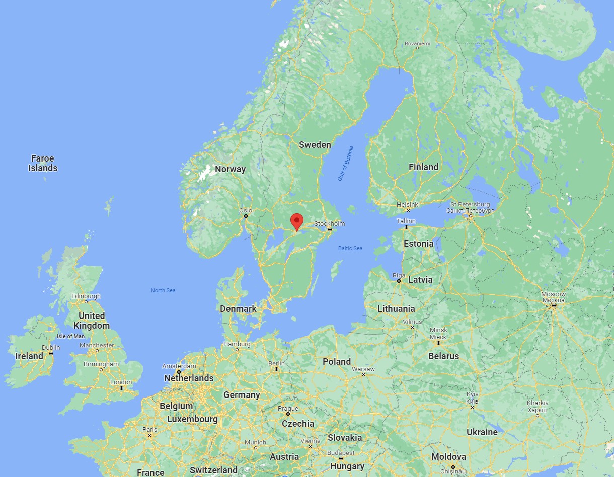 A Google Map of northern Europe pinpointing the location of Örebro, Sweden