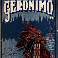 Music sheet cover with American Indain wearing feathered war bonnet in an evergreen forest near tipis on the edge of a lake
