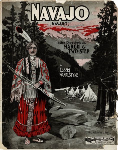 Sheet music cover with American Indian woman standing in front of tipi village within mountain range