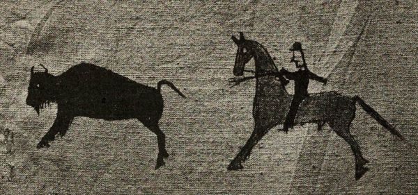 drawing of a man on horseback hunting a buffalo