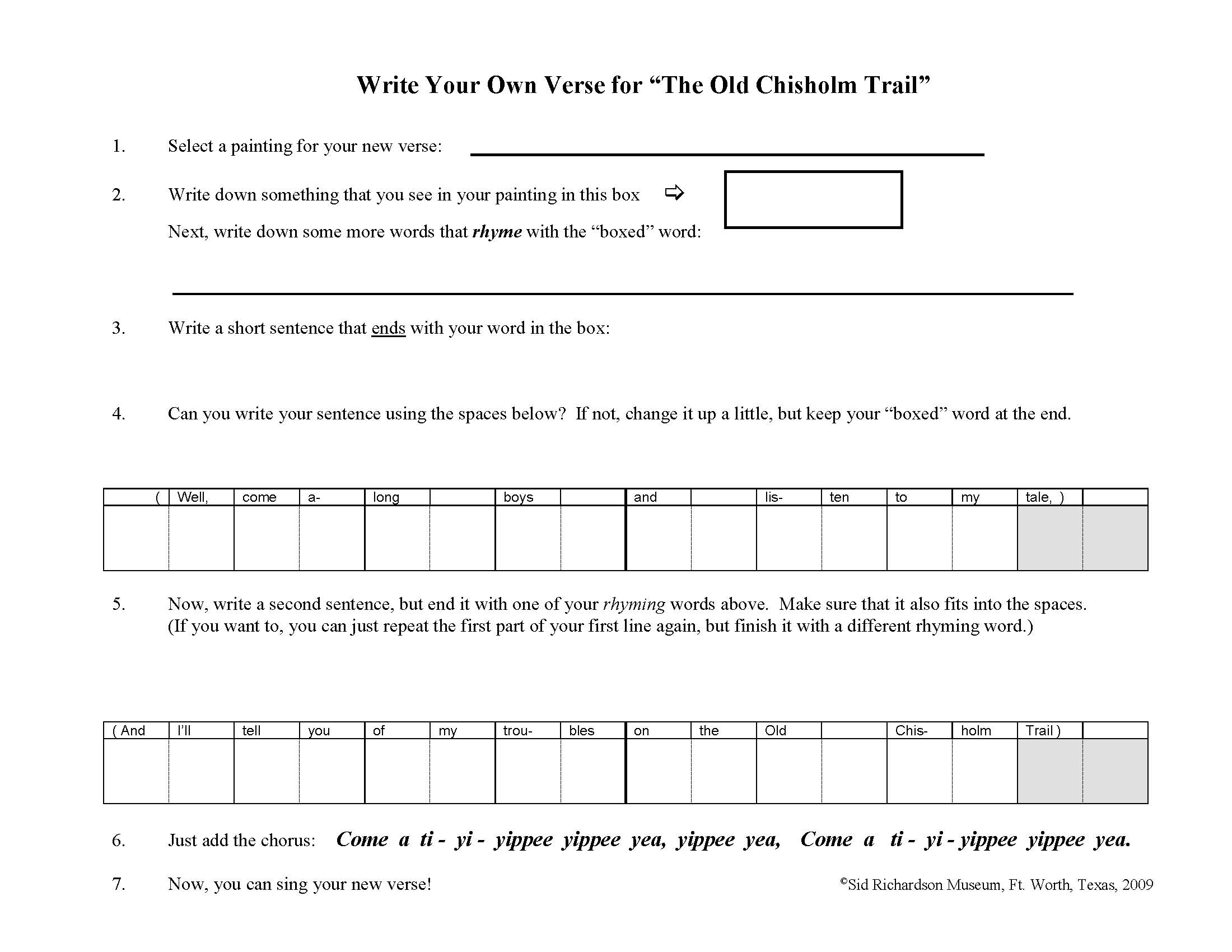 Activity worksheet with instructions for writing your own verse