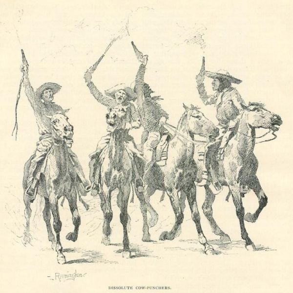 a print of a group of 4 cowboys riding horses while pointing pistols in the air