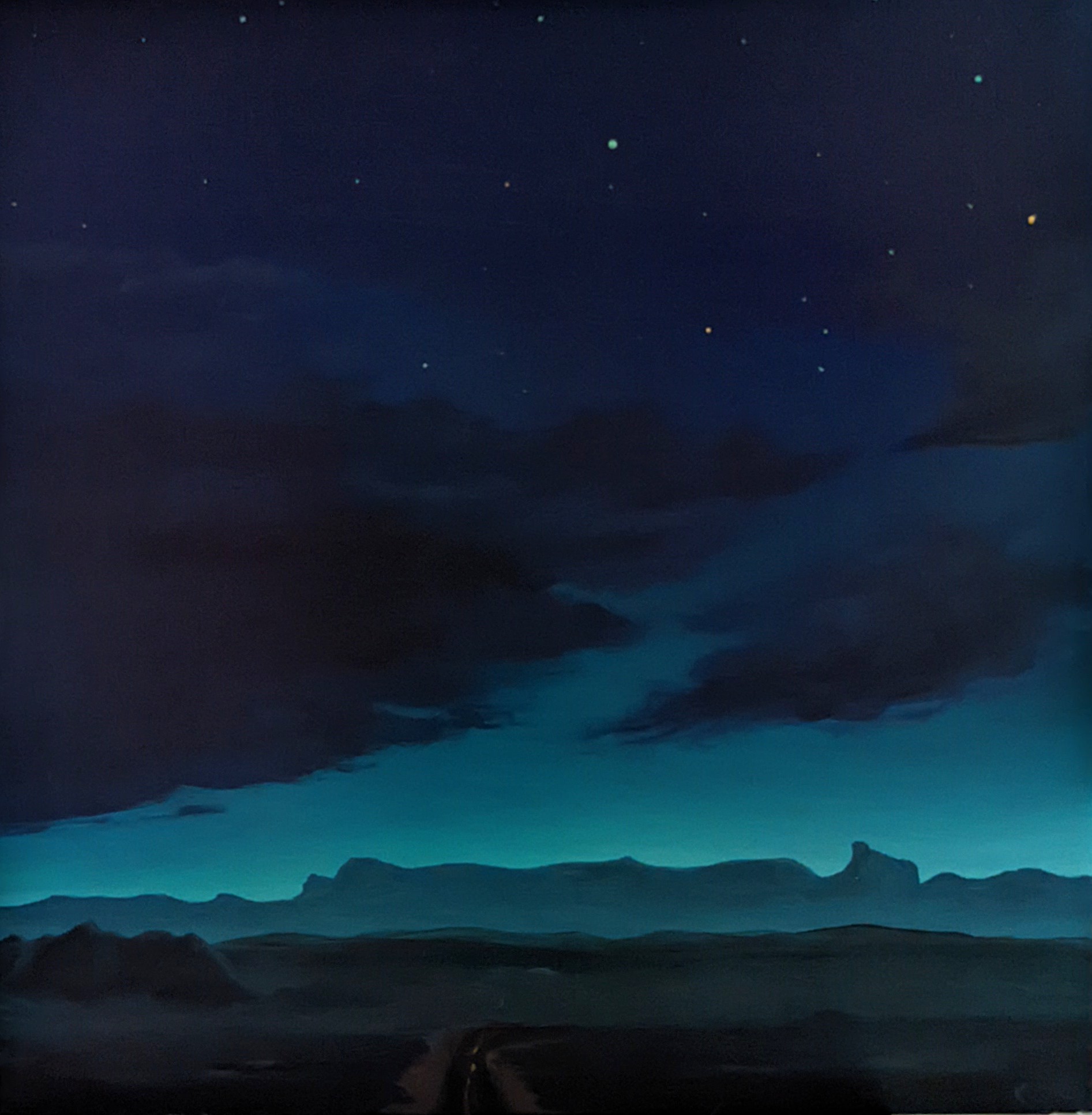 painting of a night sky above a desert landscape